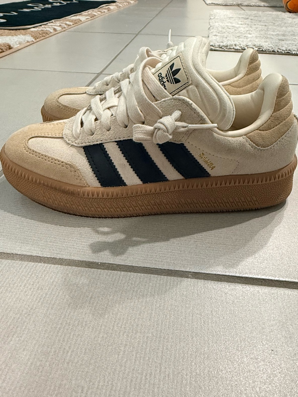 WORN ONCE Samba Platform Sneakers in Cream with Black Stripes and Gum Sole